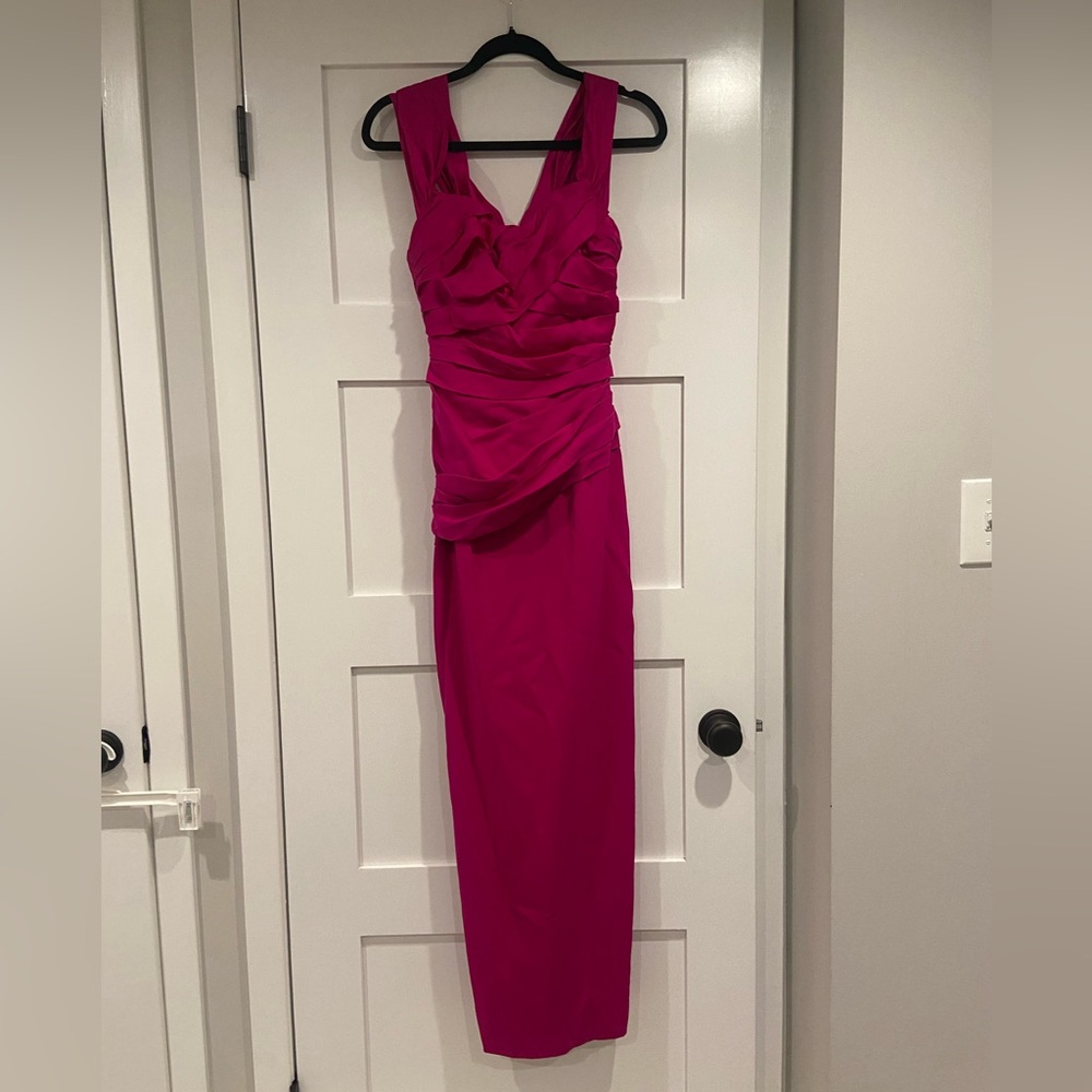 Theia pink ruched drop waist silk gown